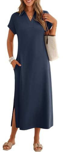MEROKEETY Women's Summer Casual Maxi Dress 2026 Cap Sleeve V Neck Collared Beach Vacation T Shirt Long Dresses, Navy, Medium