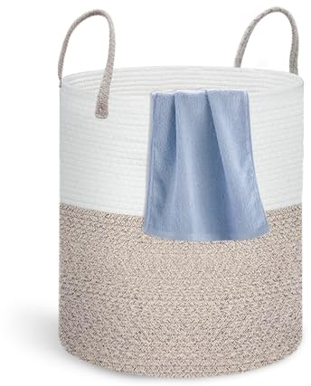 Panier à Linge Tressé en Corde de Coton, Grand Panier de Rangement de 42L avec Poignée, Corbeille a Linge Pliable pour Jouets et Couvertures, Panier Rond Multifonction en Brun et Blanc