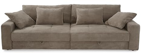 Big-Sofa als bequeme Lounge-Garnitur mit 2 Bettkästen, viel Stauraum, B284/T113/H84 cm, gesteppte Sitzfläche, Couch mit Rückenkissen und Zierkissen, moderner weicher Cord-Bezug in Braun Taupe / 15264