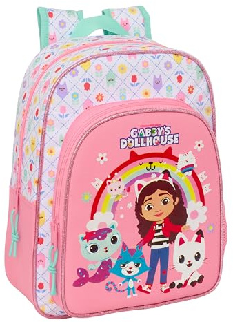 GABBY'S DOLLHOUSE – Zaino scuola per bambini, zaino per bambini, adattabile al carrello, ideale per bambini in età scolastica, comodo e versatile, qualità e resistenza, 26 x 11 x 34 cm