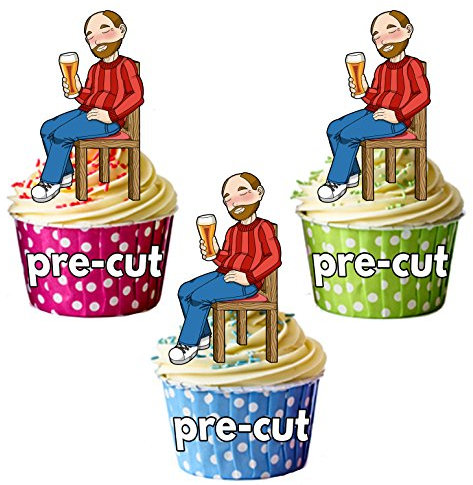 AK Giftshop PRE-CUT Father's Day Dad Drinking Beer - Edible Cupcake Toppers/Cake Decorations (Pack of 12)