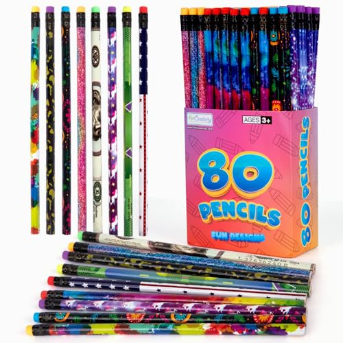 ArtCreativity Wooden Pencils for Kids With Eraser - 80 Count Assorted Number 2 Pencils, Fun Designs School Supplies - Bulk for Classroom - Great Party Favors
