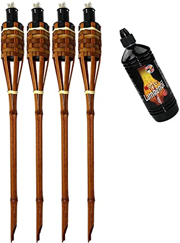 Moritz 4X Bambusfackeln Fackel Deluxe 90 cm Dunkelbraun + 1x 1000ml Lampenöl Gartenfackel Ölfackeln Garten Deko Öllampe Wegleuchte
