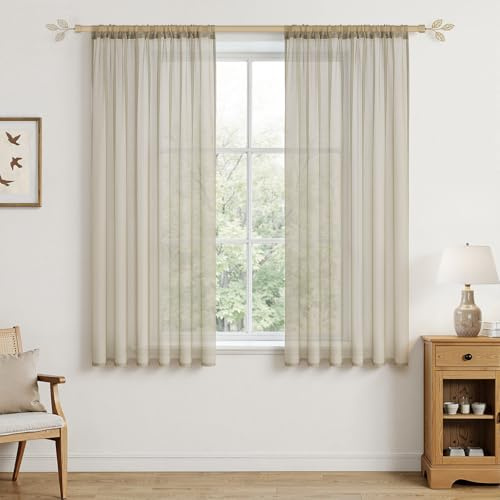 MRTREES Vorhänge Gardinen mit Store Vorhang Voile halbtransparent kurz in Leinenoptik Gardine Schals Beige Creme 160×140cm (H×B) für Wohnzimmer Schlafzimmer Kinderzimmer 2er Set