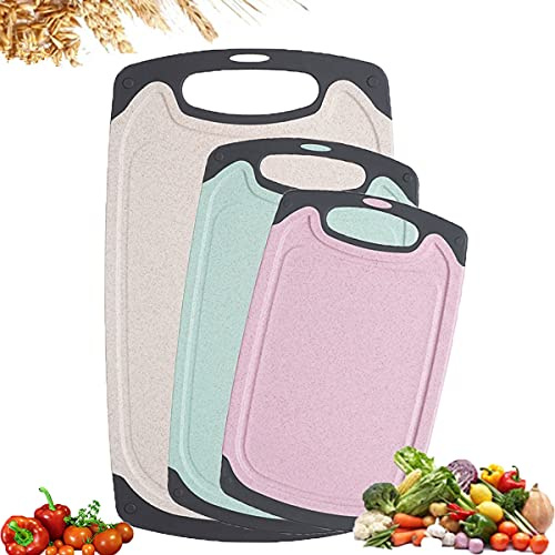 3 PCS Chopping Board Set Wheat Straw Cutting Boards Non-Toxic BPA Free | Dishwasher Safe for Kitchen Easy to Clean Health Environmental Protection Hanging Hole Non-Slip 3 Assorted Colours Sizes