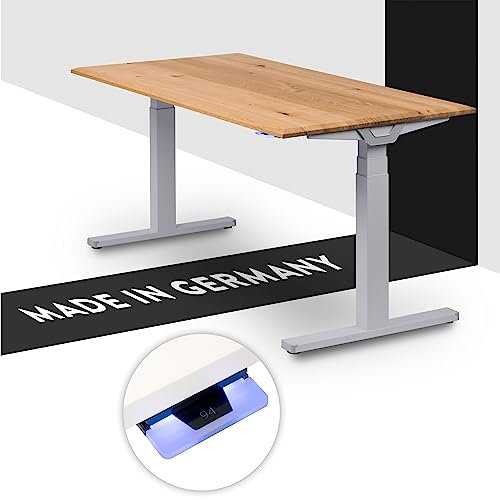 boho office® Höhenverstellbarer Schreibtisch 140 x 80 cm - Made in Germany, Elektrisch, 2 Motoren, 3-Fach Teleskop, Kollisionsschutz - Premium Line Silber inkl. Tischplatte in Wildeiche massiv