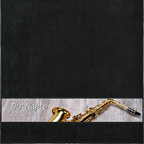Manutextur Duschtuch mit Namen - personalisiert - Motiv Saxophon - viele Farben & Musik-Motive - Dusch-Handtuch - schwarz - Größe 70x140 cm - persönliches Geschenk mit Wunsch-Motiv und Wunsch-Name