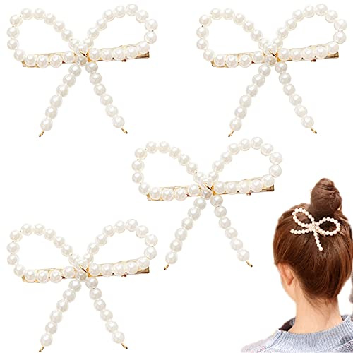 4 Pcs Pearl Bow Hair Clips Pearls Hair Barrettes Bow Snap Hair Clips Accessories for Bridesmaid Girls Women Childrens Kids