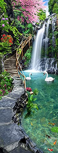 A.Monamour Türtapete Selbstklebend Türfolie Türposter 3D Holzbrücke Kirschblütenbaum Wasserfall Schwäne In See Naturlandschaft Vinyl Folie Türdeko Tapete Wandbild Türaufkleber Türtattoo 77 x 200 cm