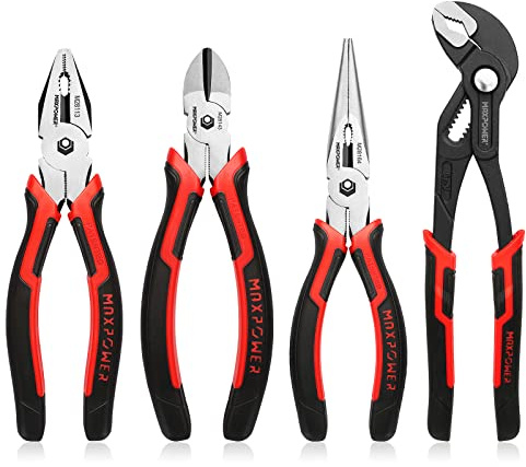 MAXPOWER 4-Piece Pliers Set: 8 Lineman, Diagonal Cutters, Needle Nose, 10 Water Pump Plier