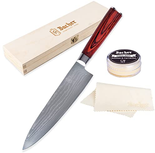 Bacher Damastmesser - Kochmesser 20 cm, 67 Lagen Damaststahl, Holzgriff | Signiertes Echtheitszertifikat | japanisches Damast Küchenmesser | Fleisch, Gemüse | AUS-10V Kern | Holzbox, Wachs, Ledertuch