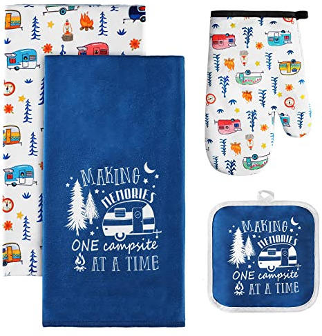 CHENGU 4 Pcs Camping Dish Towel Pot Holder Oven Mitt Gifts Camping Must Have Accessories Essential Making Memories One Campsite at a Time RV Kitchen Towel Absorbent Soft Hand Dishcloth