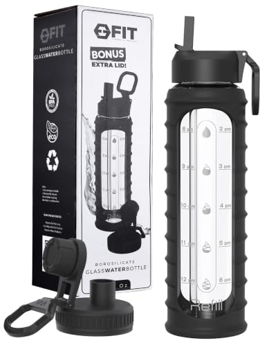 FIT Strong & Healthy 32 oz Glass Water Bottle with Straw Lid, Time Marker, Sleeve & Extra Lid - Motivational, Wide Mouth, BPA-Free, Drinking Bottle, Waterbottle (Black Ribbed Sleeve)