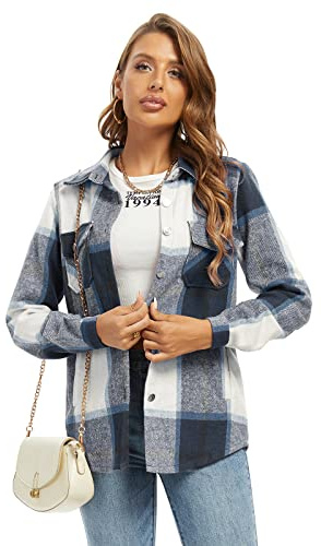 Aeslech Camicie a quadri da donna - Giacca leggera in flanella con bottoni a maniche lunghe casual oversize, Navy, XL
