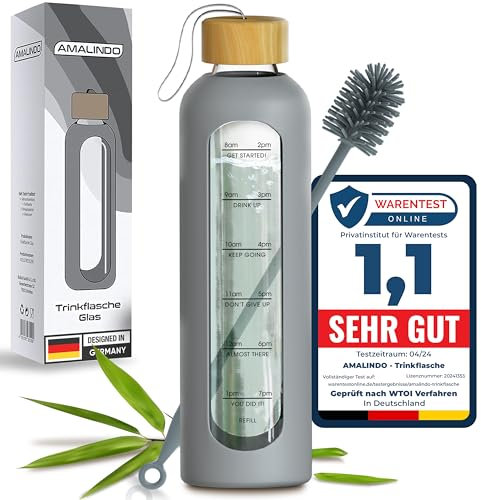 Amalindo Borraccia in vetro da 1 l, infrangibile (borosilicato) – Bottiglia da 1 litro – Bottiglia d'acqua da riempire con custodia in silicone e spazzola – Water Bottle Glass