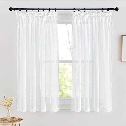 PONY DANCE Kurzer Vorhang Weiss Halbtransparent für Küche & Badezimmer 2er Set H 145 x B 140 cm Gardinen mit Kräuselband Leinenoptik Vorhänge Kleine Fenster Weiße Gardine