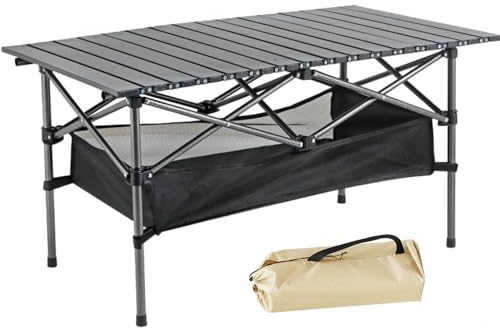 ROMIOR Foldable Camping Table, Alloy Steel Roll-up Picnic Table with Large Storage and Carrying Bag for Outdoor Picnic, Camping, BBQ, Party, Backyard, Beach