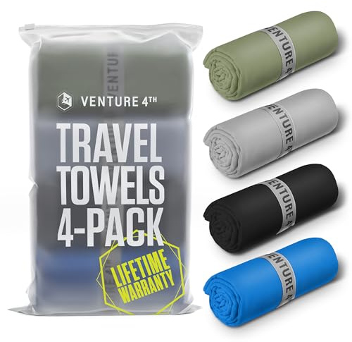 VENTURE 4TH - 4pcs Quick Dry Towels. Microfiber Travel Towels Ideal for Camping, Hiking, Backpacking, Gym. Lightweight & Fast Drying Travel Towels for Body. Compact & Easy to Pack - 4 Pack Large
