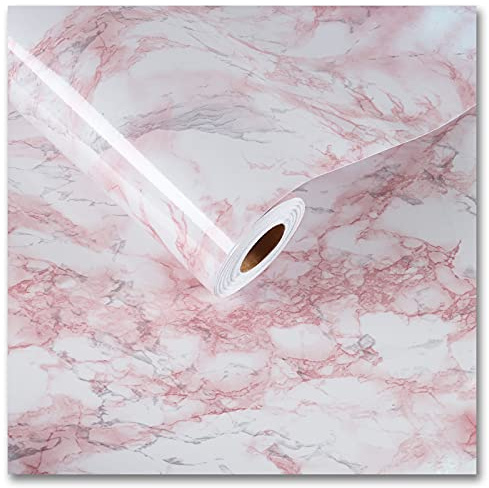 CRE8TIVE Film Adhésif Rose Aspect Marbre Brillant Marbré - Papier Peint Autocollant Imperméable pour Cuisine, Plan de Travail, Armoire, Salon, Salle de Bain, Buanderie
