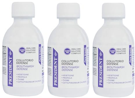 President KIT 3 COLLUTORIO DEFENSE ad azione Antimicrobica, Antiplacca e Lenitiva. Ideale per chi soffre di alitosi e come mantenimento dopo trattamenti con Clorexidina. 3X200ml