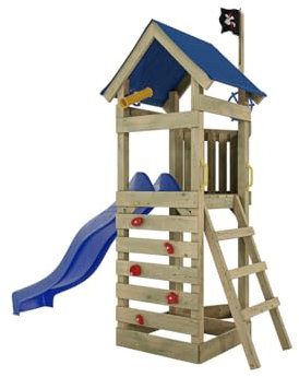 Outgarden Spielturm Klettergerüst Captain Jolly aus KDI-Holz | Spielhaus mit Blauer Rutsche | mit Sandkasten, Leiter & Kletterwand | Outdoor Stelzenhaus für Kinder und Garten | 313 x 156 x 258 cm