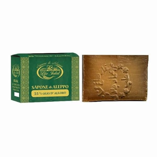 Bio Jalal sapone di Aleppo originale con 25% olio di alloro e 75% olio d'oliva 1 saponetta Aleppo 200g sapone ideale per mani viso corpo capelli prodotto a mano in Turchia