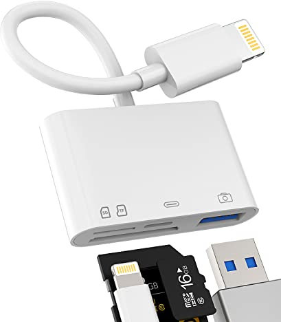 Lightning to USB Micro SD Card Reader Charger Cable Dongle for Apple iPhone 14 OTG Adapter Camera Mouse Keyboard TF Memory Viewer Flash Drive Stick Cord Converter Photo Compact Photography Accessories