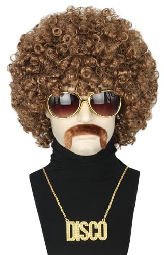 Topcosplay 4er Set Afro Perücke mit Sonnenbrille, Schnurrbart, Halskette - 70er 80er Jahre Vokuhila Disco Hippie Kostüm für Halloween Karneval (Hellbraun)