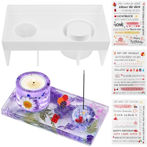 Moule en Silicone DONQL pour Bougeoir avec Support Rond Époxy, 4 Pièces et 3 Autocollants