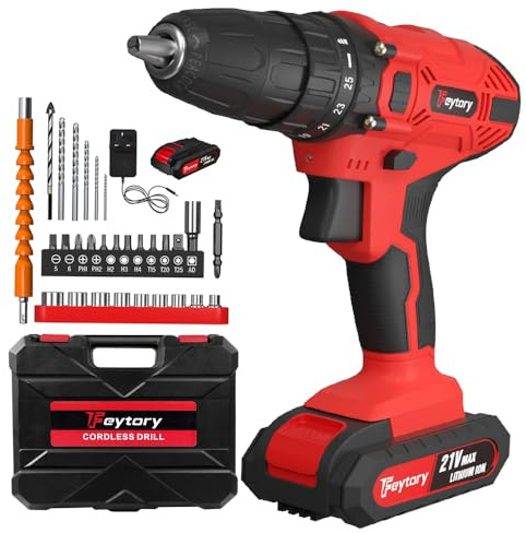 Cordless Drill Driver 21V, Electric Screwdriver Set with 2X Batteries, 45 N.m Max Combi Drill, 25+1 Torque Power Drills Tool, 2 Speed Cordless Screwdriver with 29Pcs Drill Driver Bits - Red
