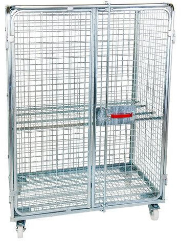 Stahlrollbehälter A800, 800 x 1.200 x 1.820 mm, 5-seitig, Absoluter Diebstahlschutz, 2 Flügeltüren, Nutzhöhe 1.575 mm, 1 Zwischenboden, Rollplatte aus Metall, 600 kg