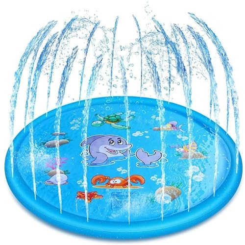 Tapis de Jet d'eau pour Enfants, 150cm Tapis D'arrosage Jeux d'eau Tapis de Pulvérisation d'eau Sprinkler Splash Pad, Jouets d'arrosage d'été Exterieur Piscine pour Enfant Adult Chien (Bleu, ∅ 150cm)