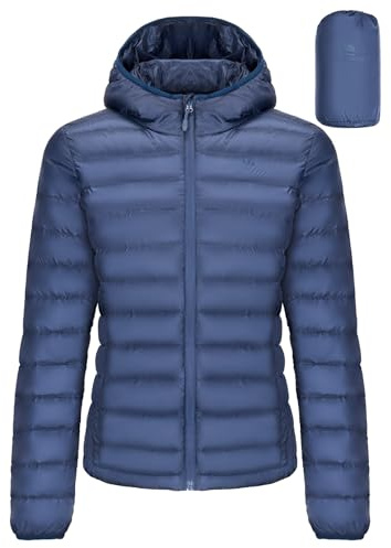 CAMEL CROWN Damen Daunenjacke mit Kapuze, verstaubar, ultraleicht, isoliert, wasserabweisend, Blau, X-Large