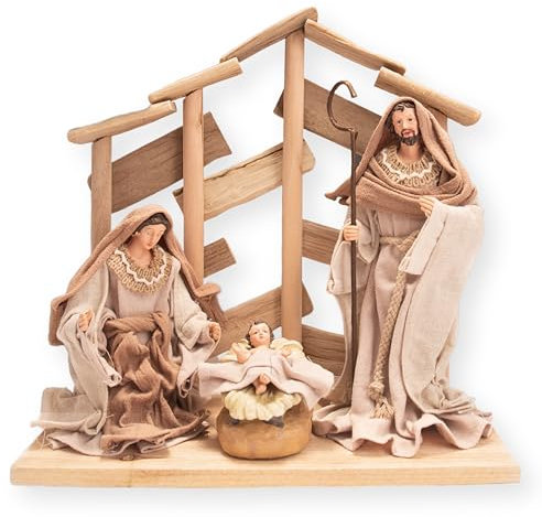 Nazareth Store Pine Wood Nativity Scene 12 Handcrafted Resin Holy Family with Cotton Clothing Religious Christmas Décor for Tabletop Mantel & Gift