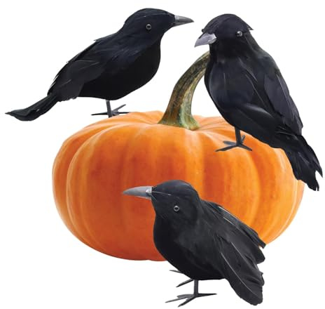 Cuervos de Halloween - 3 Decoraciones de Pájaros Negros para Casa Encantada, Patio, Árbol, Jardín, Interior y Exterior