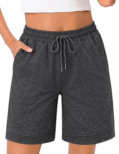 Uniexcosm Dam svettshorts dam korta pyjamasbyxor med fickor justerbar dragsko sommar sport löparshorts lösa för träning jogging lounge atletisk gym ledig, Mörkgrått, L