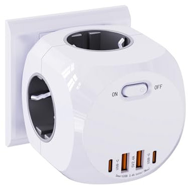 8-en-1 Cubo Enchufe, Enchufe Multiple con USB, 4AC Ladron Enchufes, 4 Enchufes,2 USB A, 2 USB C,4000W Cubo Regletas Enchufes para Oficina, Cocina y Habitación Grey