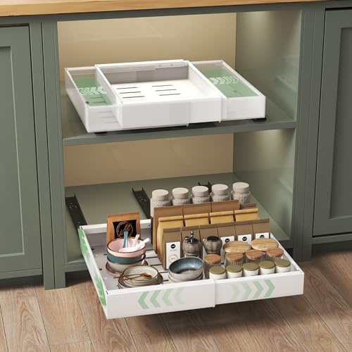 NETEL 2 Pack Expandable Pull Out Cabinet Organiser, 31cm-52cm Width, Pull Out Drawers for Kitchen Cupboards, 3 Slide Rails Slide Out Drawers for Kitchen Cabinets with Adhesive Nano Film