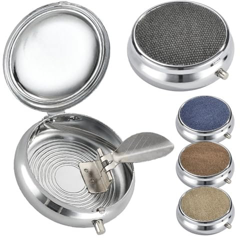 Murago - 4er Set Taschenaschenbecher - mit Deckel geruchsdicht Metall in Jeans Optik beige braun blau grau klein rund Mini Taschen Ascher Reiseaschenbecher für draussen unterwegs