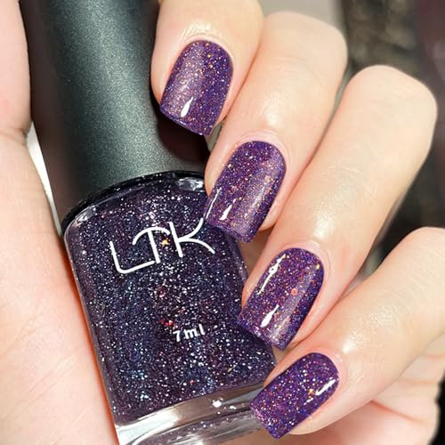 Nail Varnish - Purple Glitter Nail Polish - Quick Dry & Long Lasting Glitter Nail Varnish - Shimmer Dark Purple Nail Polish - Sparkle Chip Resistant Nail Varnish for Nail Art Manicure