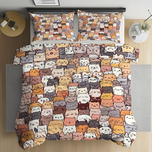 Kntnshac Cartoon Katze Bettwäsche 135x200 Niedliche Bunte Katzen Wendebettwäsche Bettwäsche-Set Microfaser mit Reißverschluss，Enthält 1 Bettbezug und 2 Kissenbezug 80x80 cm