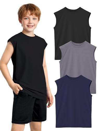 Somaibo Lot de 3 débardeurs athlétiques en maille respirante à séchage rapide sans manches pour enfants, Bleu marine, noir, gris, 11-12 Ans