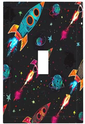 Mexpekil Colorful Space Universe Rockets Light Switch Cover, 1 Gang Single Toggle Wall Plates, Decorative Outlet Covers Switchplate for Home Office