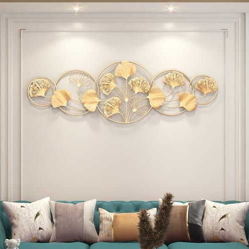 UUE Ginkgo Wanddeko Metall Modernes Ginkgo Wanddeko 3D Ginkgoblatt Metall - 3D Wandbilder Gingko Handgefertigte Vintage-(128x43cm) - Elegante Wohnzimmer Deko für große Wände