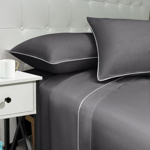 NARCISO - Lenzuola Matrimoniali 100% Cotone Made in Italy, Completo Letto Matrimoniale con Profilo Decorativo Look Moderno, Fantasia Tinta Unita in Varie Colorazioni di Design (Grigio Scuro)