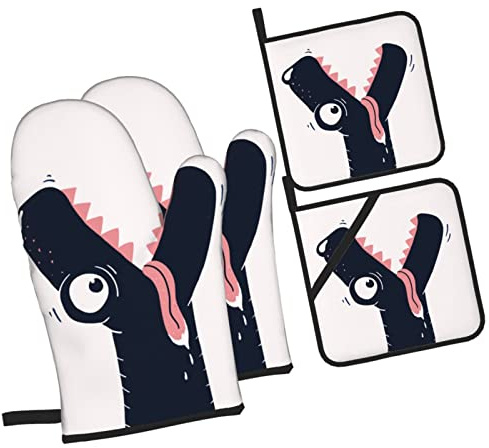 4Pcs Oven Mitt And Pot Holder Cute Dinosaur Head Dino Microwave Gloves Reusable Gauntlet Oven Gloves For Cooking, Grilling, Baking