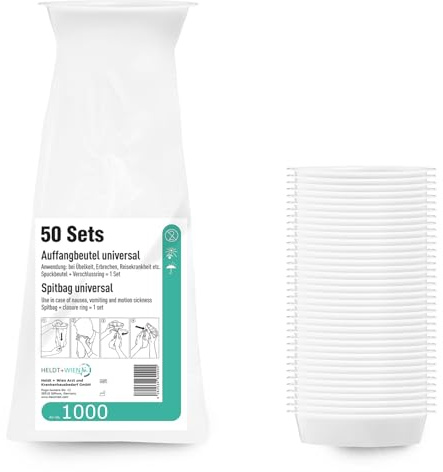 Lot de 50 sacs à vomi jetables opaques 1500 ml avec anneau de fermeture | Sacs à déjections jetables opaques contre les nausées et le mal des transports | Anti-fuite, hygiéniques et compacts pour