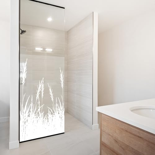 yabaduu Sichtschutzfolie für Duschkabine Duschglastüre Fensterfolie Blickdicht Milchglasfolie wasserfest Deko Klebefolie Badezimmer Dusche selbstklebend YX001 (11 Gräser Weiß, 80 x 120cm)