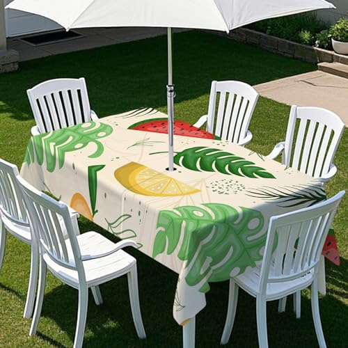 ENEN Tovaglia con Foro per Ombrellone & Cerniera, Tovaglia Impermeabile Antimacchia, Rettangolare Stampa a Floreale Copritavolo per Outdoor, Campeggio, Barbecue (Anguria,210x150cm)