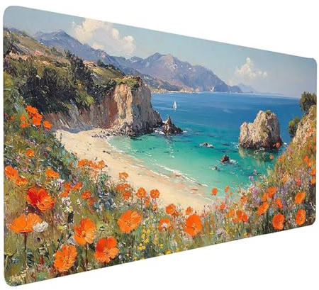 Tapis de Souris XXL 90x40x0.3 CM Imperméable Petite Ville Tapis de Bureau Gaming pour Clavier Souris sans Fil Ordinateur Portable, Mouse Pad Mer Bords Surpiqués Base Antidérapante, Cadeau model-0626